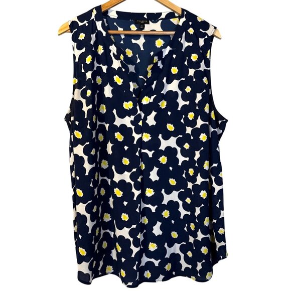 Talbots Woman Sleeveless Navy Yellow Floral Blouse 2X Flowy Artsy Career - Picture 1 of 5